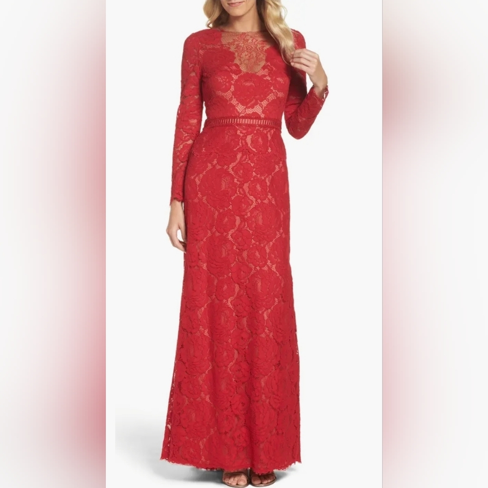 Tadashi Long-sleeve Lace Illusion Appliqué Evening Gown